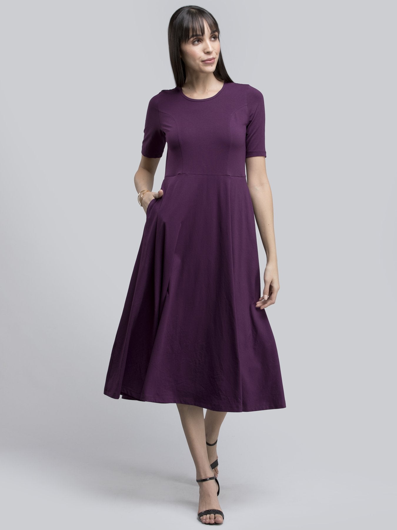 Cotton Round Neck Knitted Fit And Flare Dress - Purple