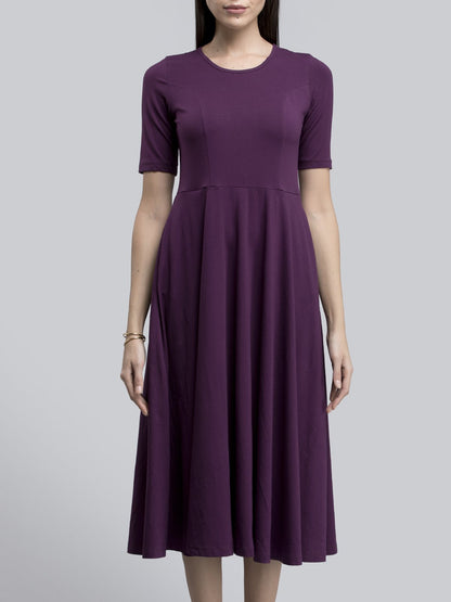 Cotton Round Neck Knitted Fit And Flare Dress - Purple
