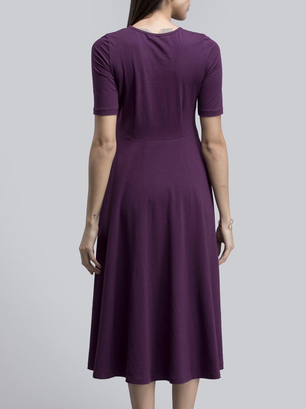 Cotton Round Neck Knitted Fit And Flare Dress - Purple