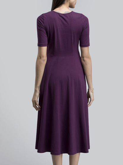 Cotton Round Neck Knitted Fit And Flare Dress - Purple