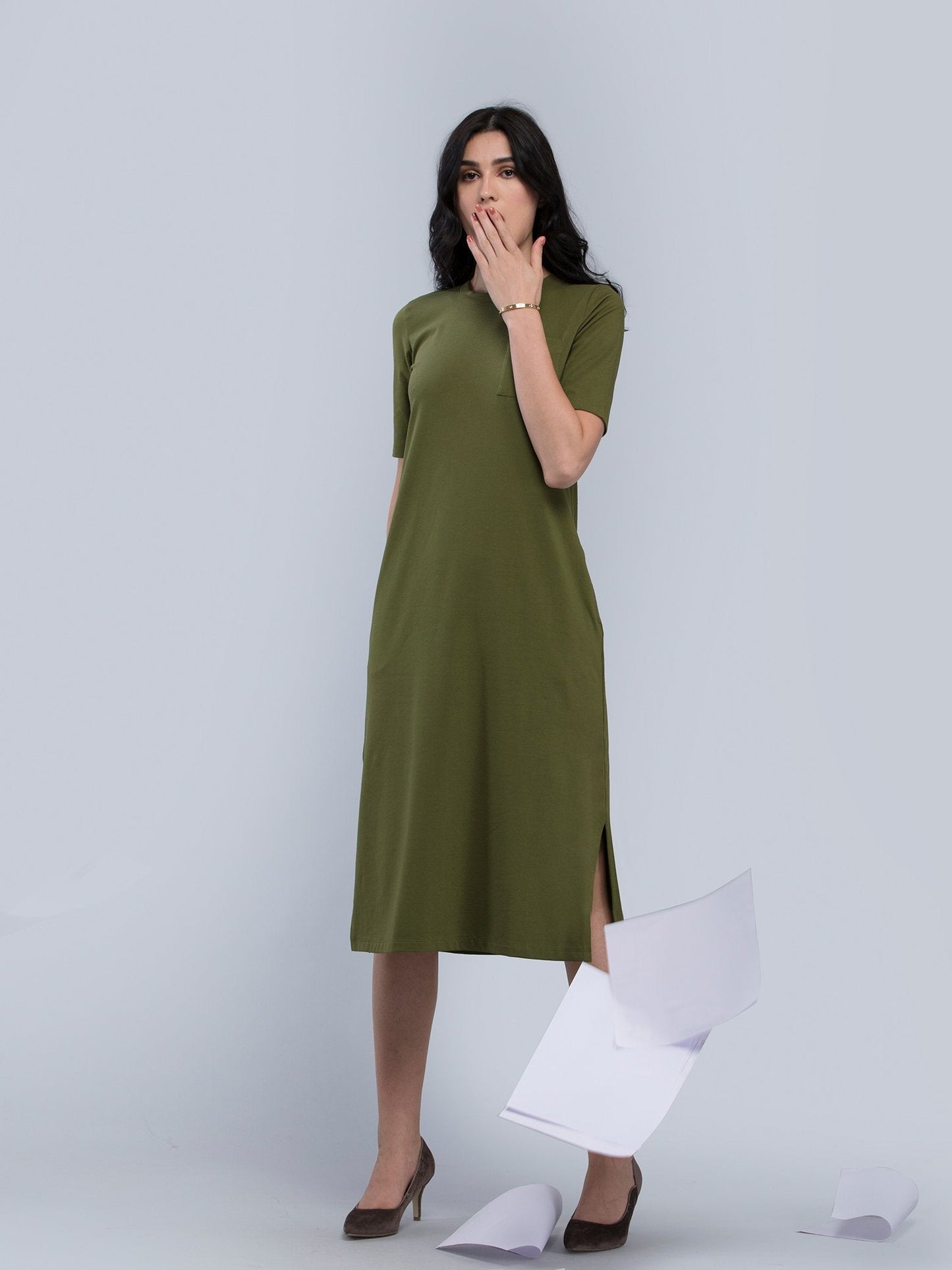 Cotton Round Neck Knitted Midi Dress - Olive