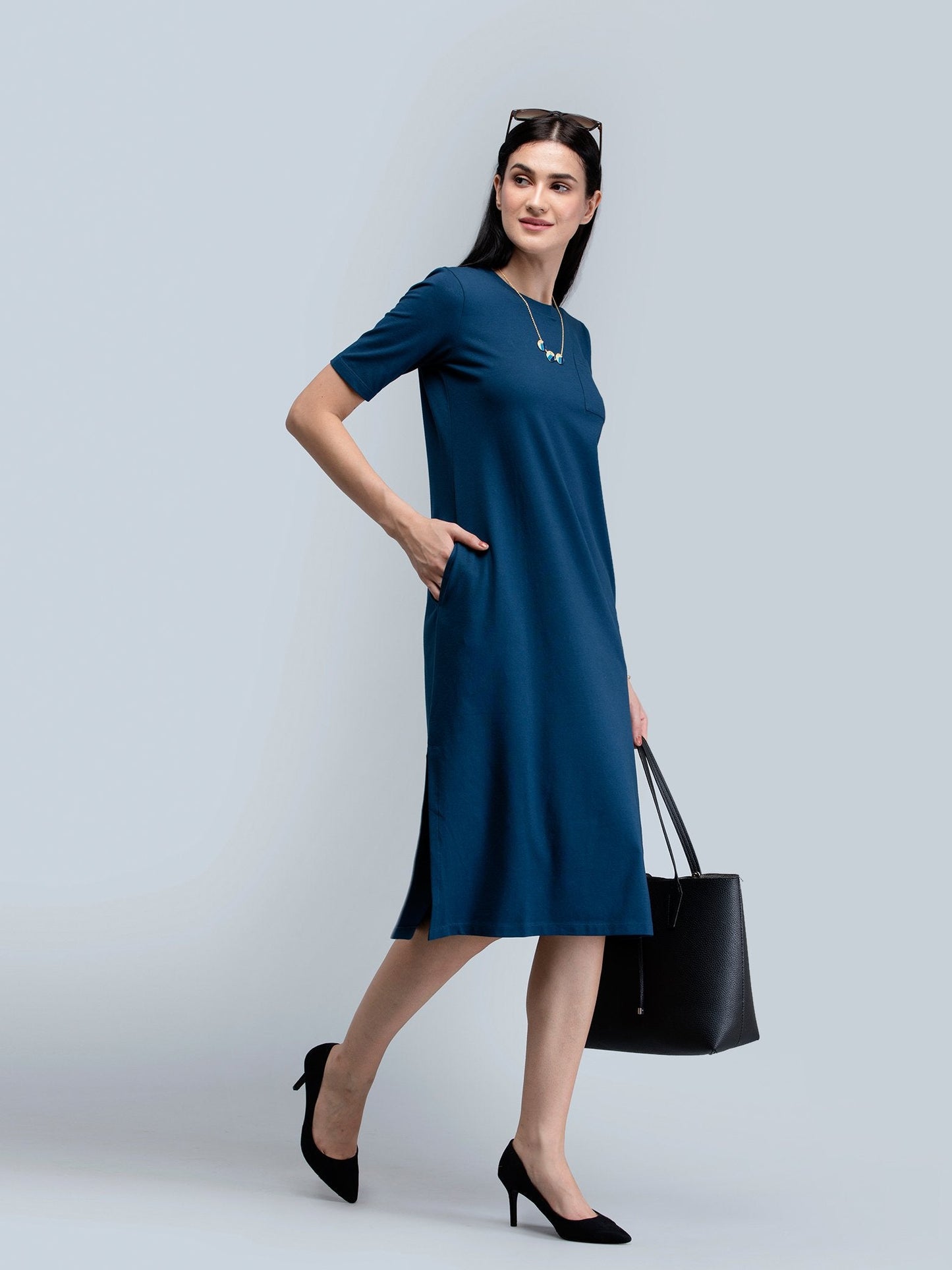 Cotton Round Neck Knitted Midi Dress - Blue
