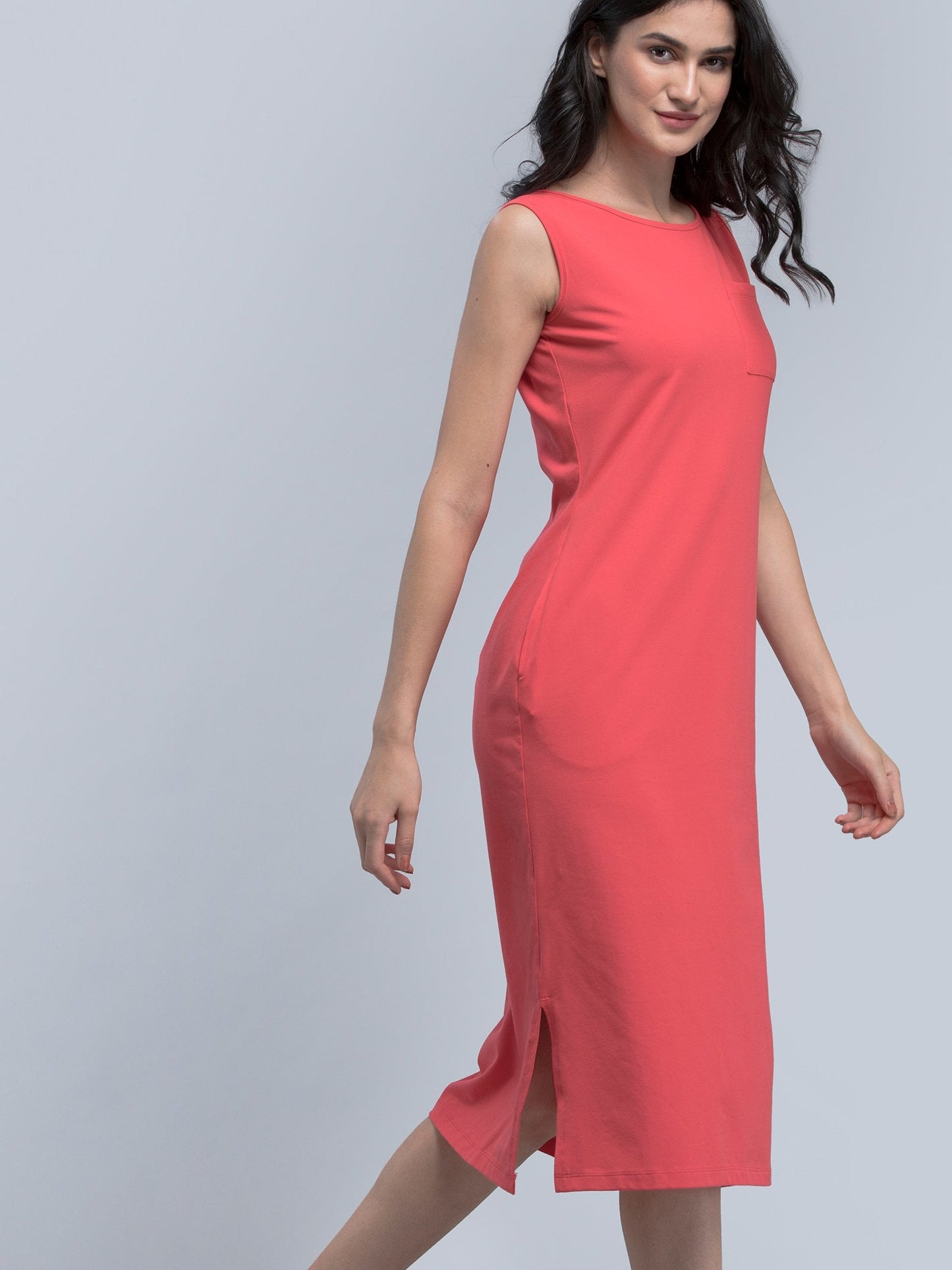 Cotton Round Neck Knitted Midi Dress - Pink