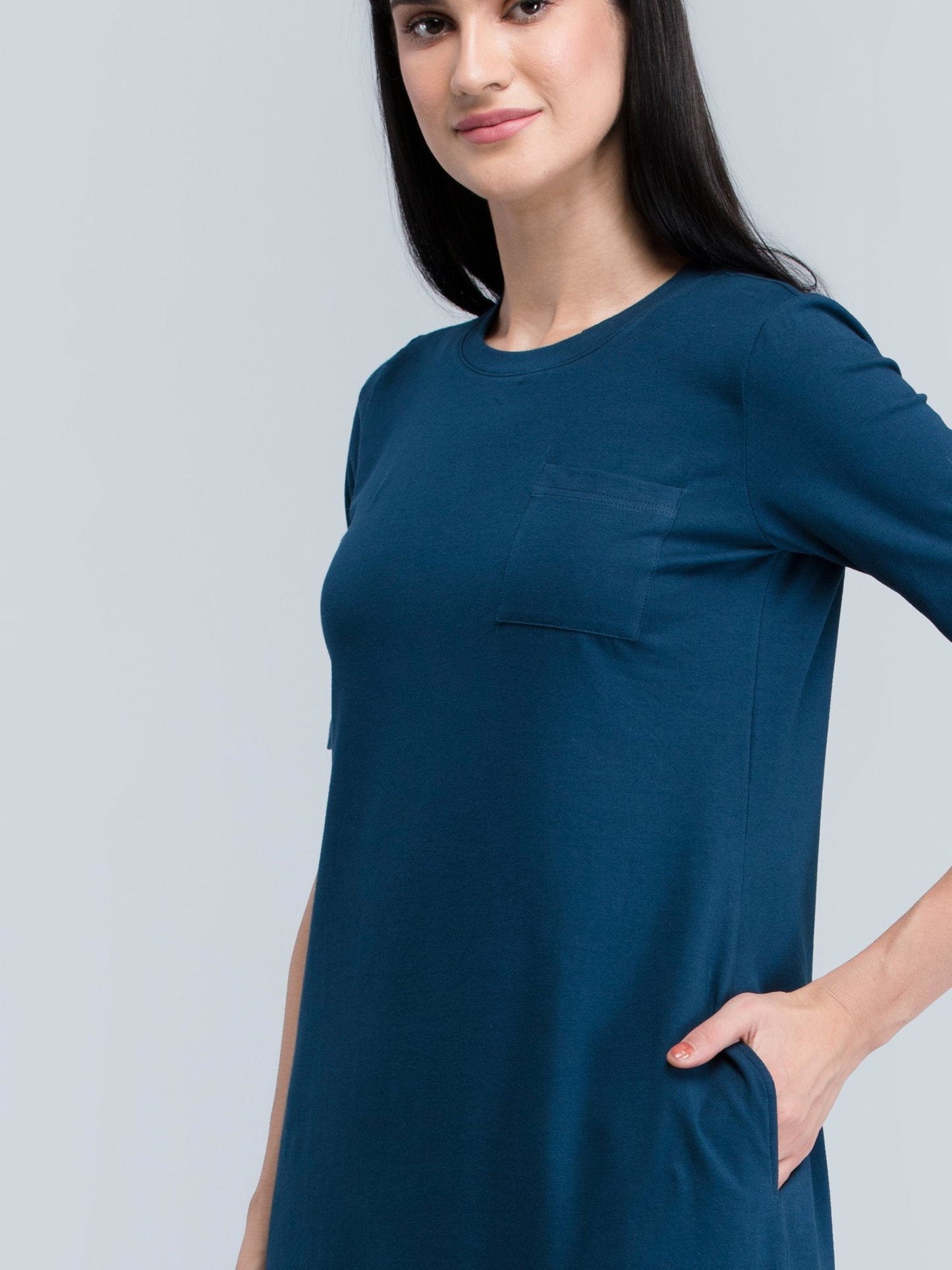 Cotton Round Neck Knitted Midi Dress - Blue