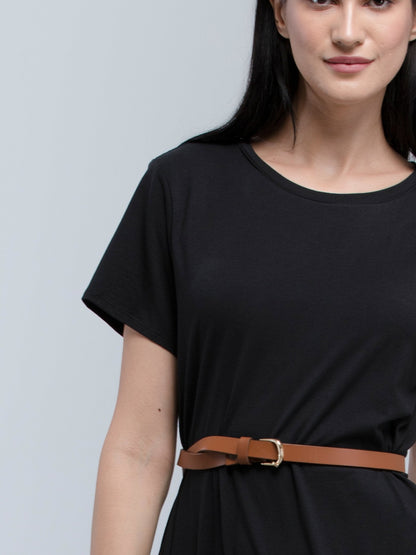 Cotton Round Neck Knitted Midi Dress - Black