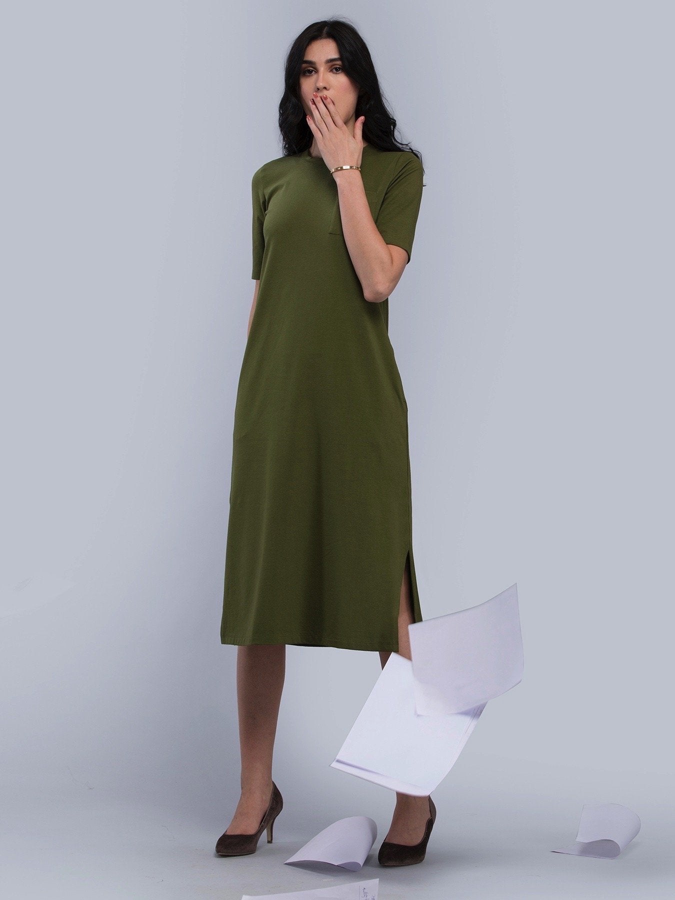 Cotton Round Neck Knitted Midi Dress - Olive
