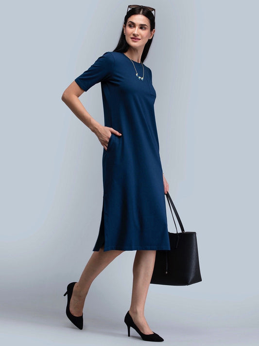 Cotton Round Neck Knitted Midi Dress - Blue