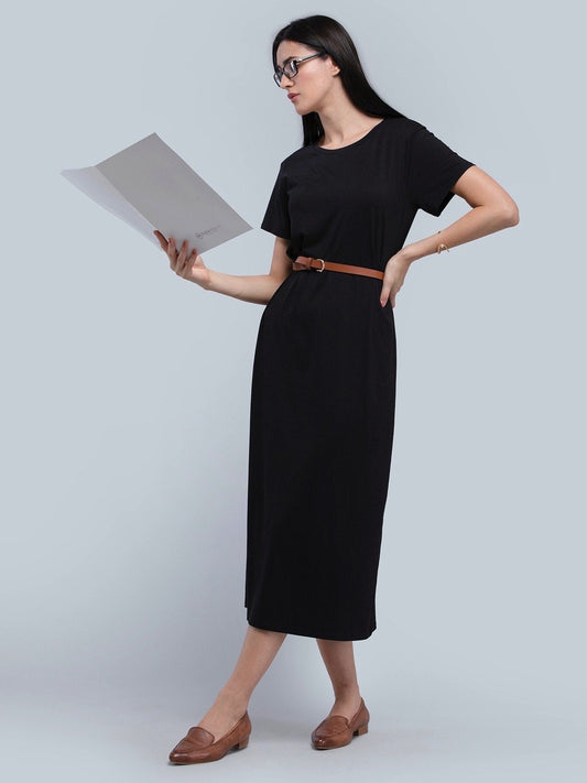 Cotton Round Neck Knitted Midi Dress - Black