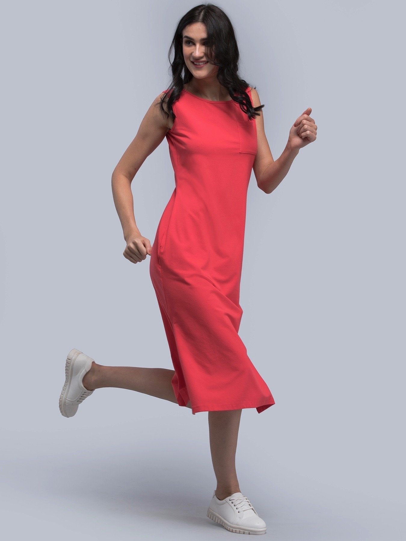 Cotton Round Neck Knitted Midi Dress - Pink