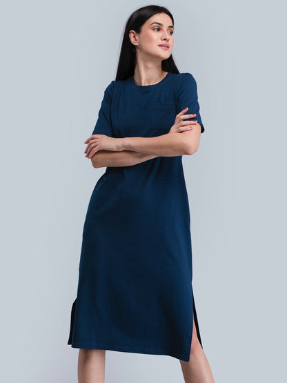 Cotton Round Neck Knitted Midi Dress - Blue