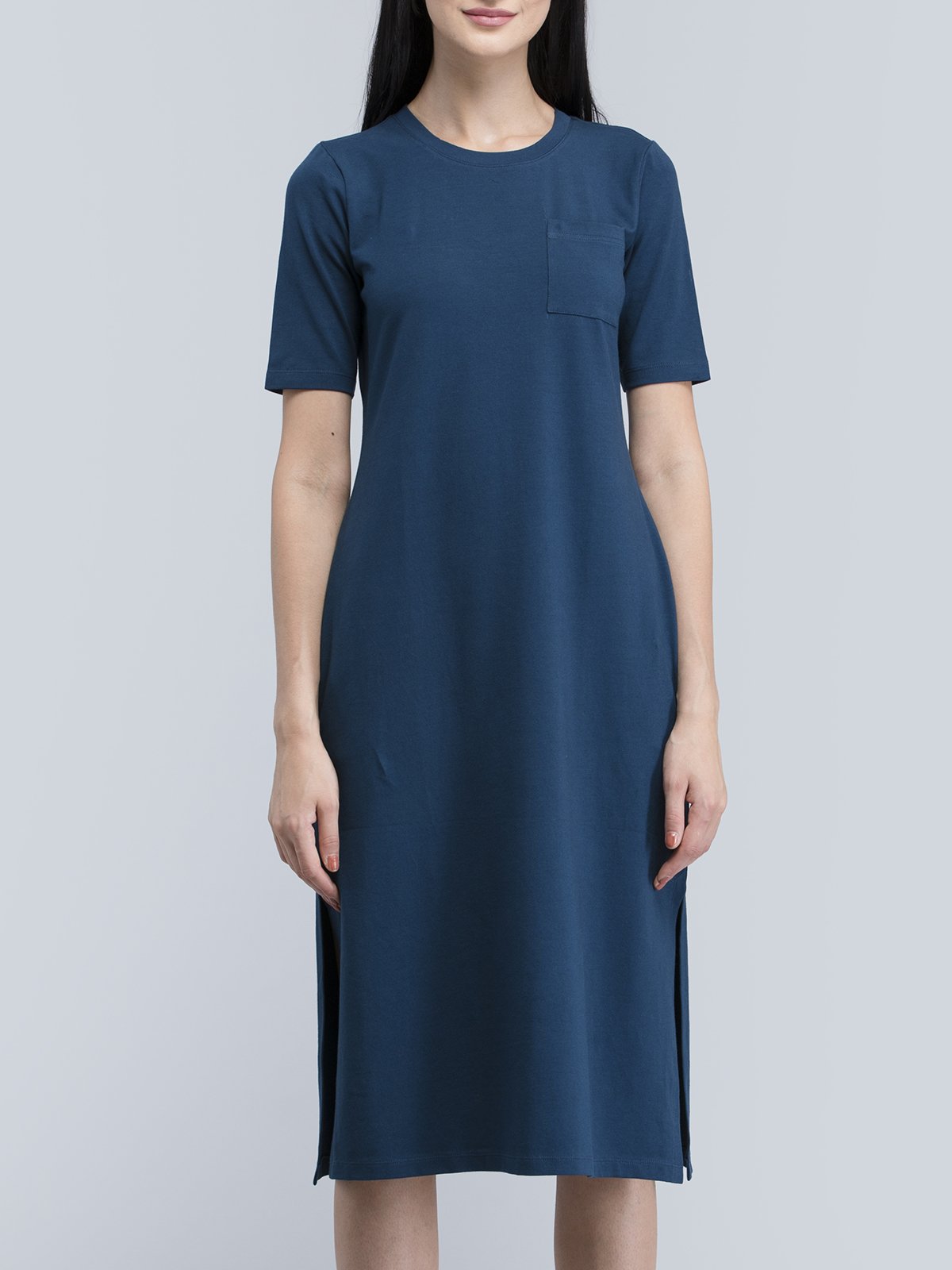 Cotton Round Neck Knitted Midi Dress - Blue