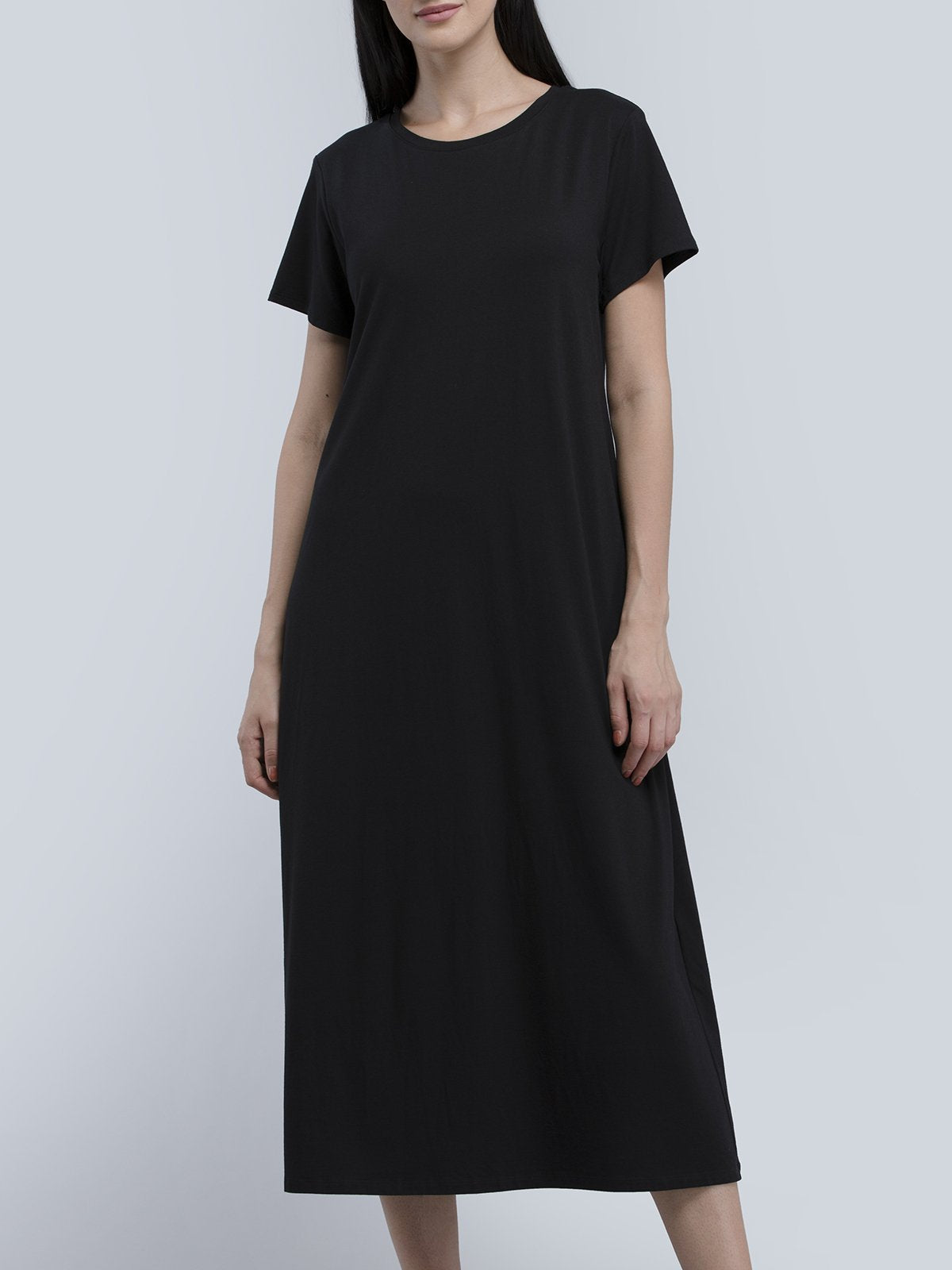 Cotton Round Neck Knitted Midi Dress - Black