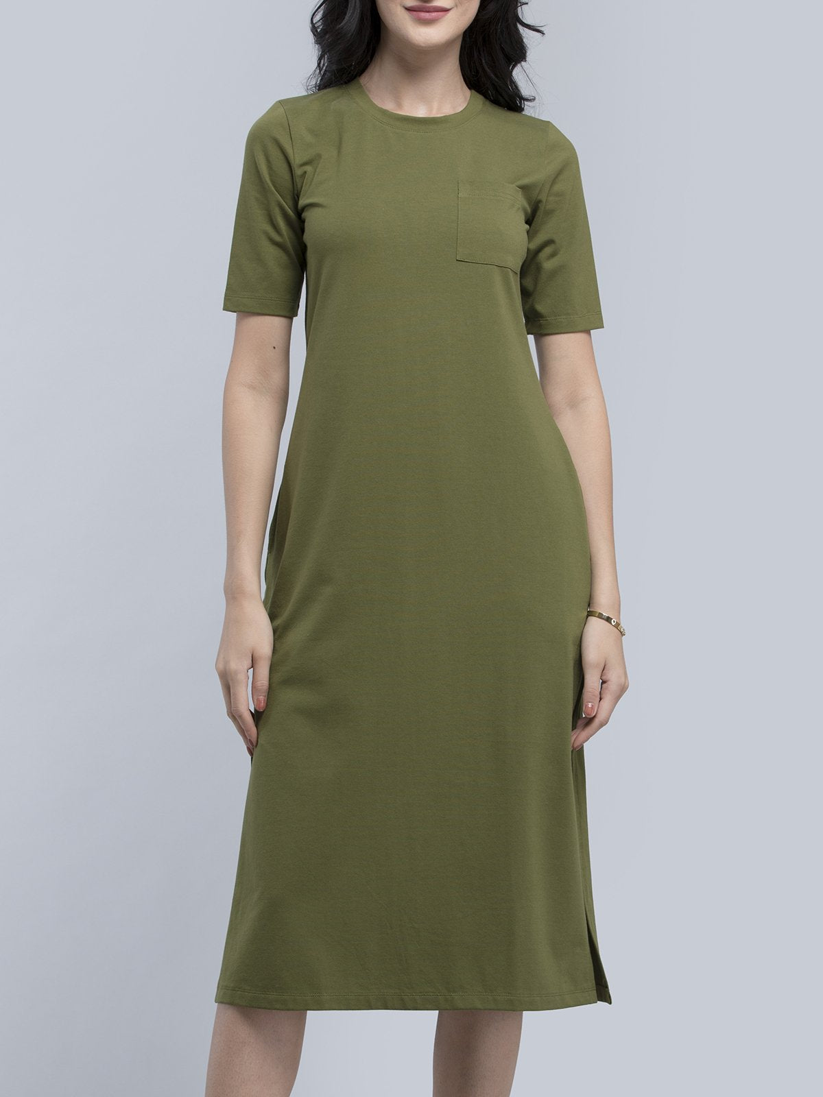 Cotton Round Neck Knitted Midi Dress - Olive