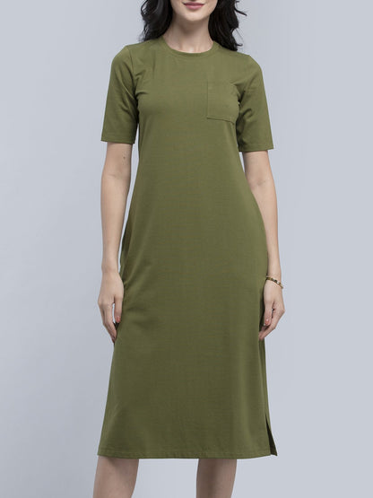 Cotton Round Neck Knitted Midi Dress - Olive