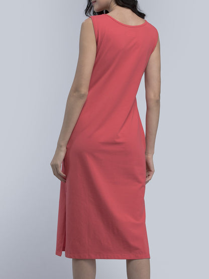 Cotton Round Neck Knitted Midi Dress - Pink