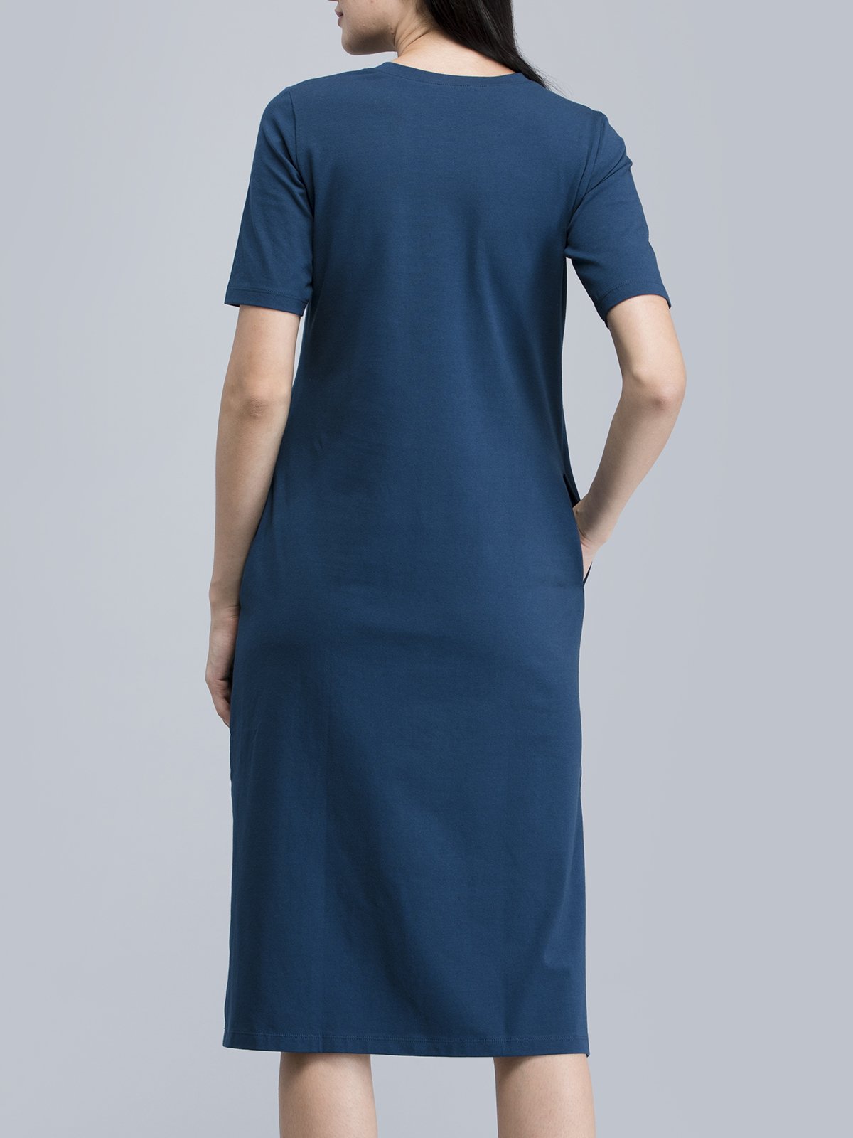 Cotton Round Neck Knitted Midi Dress - Blue