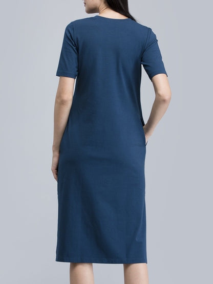 Cotton Round Neck Knitted Midi Dress - Blue
