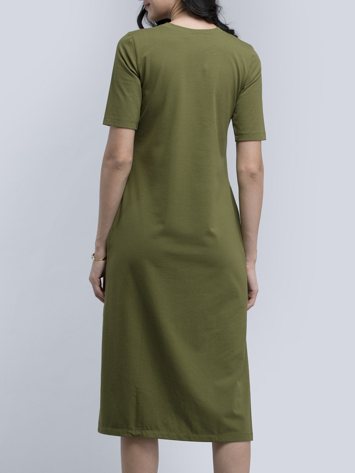 Cotton Round Neck Knitted Midi Dress - Olive