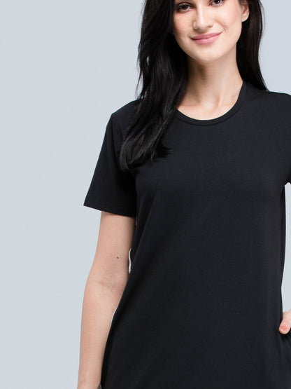 Cotton Round Neck Knitted Shift Dress - Black and White