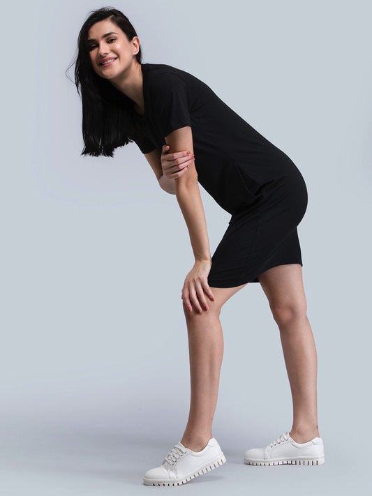 Cotton Round Neck Knitted Shift Dress - Black