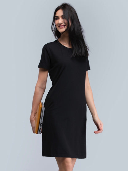 Cotton Round Neck Knitted Shift Dress - Black