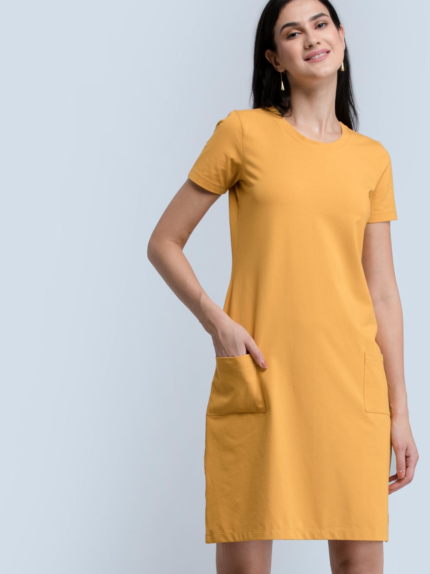 Cotton Round Neck Knitted Shift Dress With Pockets - Mustard