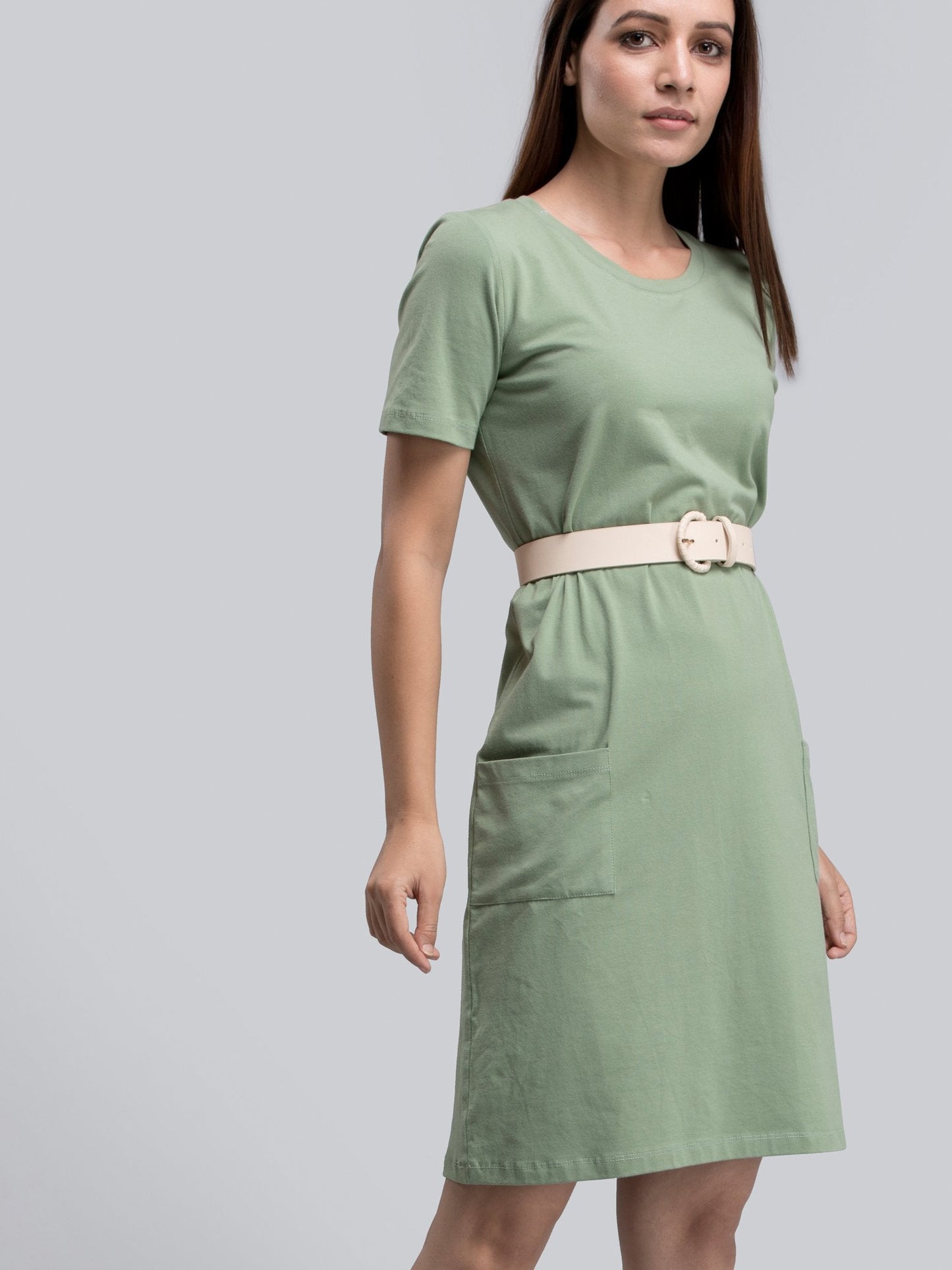 Cotton Round Neck Knitted Shift Dress With Pockets - Green
