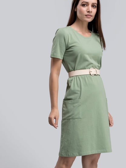 Cotton Round Neck Knitted Shift Dress With Pockets - Green