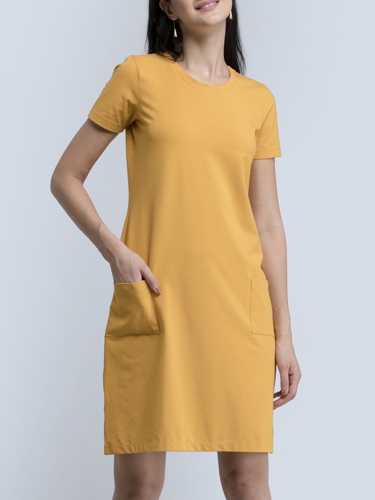 Cotton Round Neck Knitted Shift Dress With Pockets - Mustard