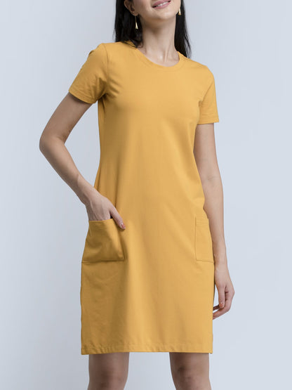 Cotton Round Neck Knitted Shift Dress With Pockets - Mustard