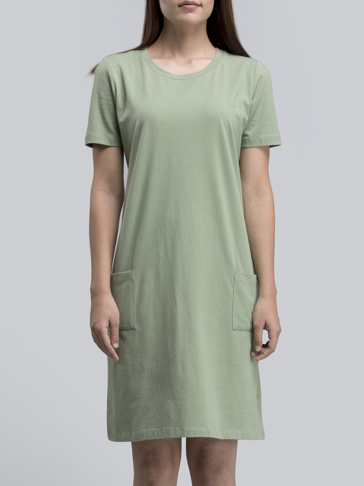 Cotton Round Neck Knitted Shift Dress With Pockets - Green