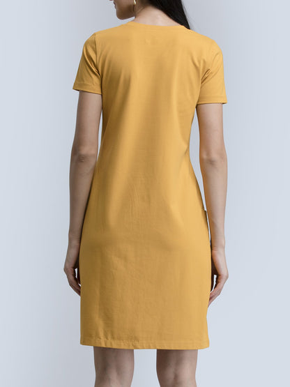 Cotton Round Neck Knitted Shift Dress With Pockets - Mustard