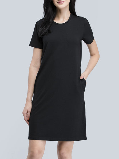 Cotton Round Neck Knitted Shift Dress - Black and White