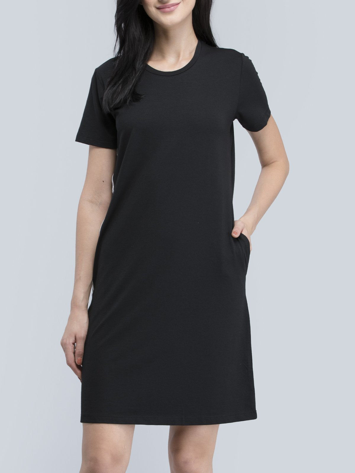 Cotton Round Neck Knitted Shift Dress - Black
