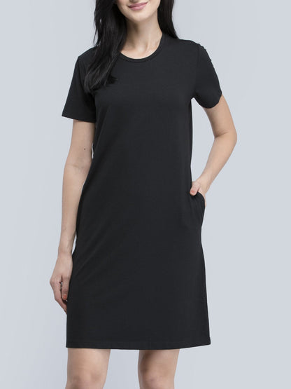 Cotton Round Neck Knitted Shift Dress - Black
