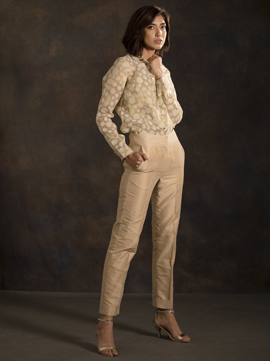 Cotton Silk Cigarette Pants - Gold