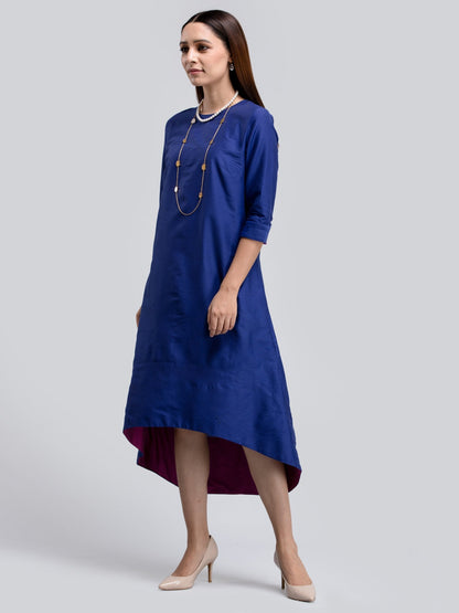 Cotton Silk Colour Block High Low Dress - Blue