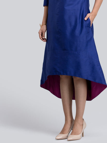 Cotton Silk Colour Block High Low Dress - Blue