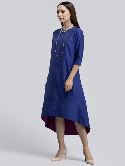 Cotton Silk Colour Block High Low Dress - Blue