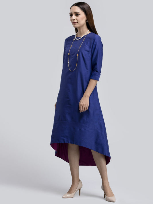 Cotton Silk Colour Block High Low Dress - Blue