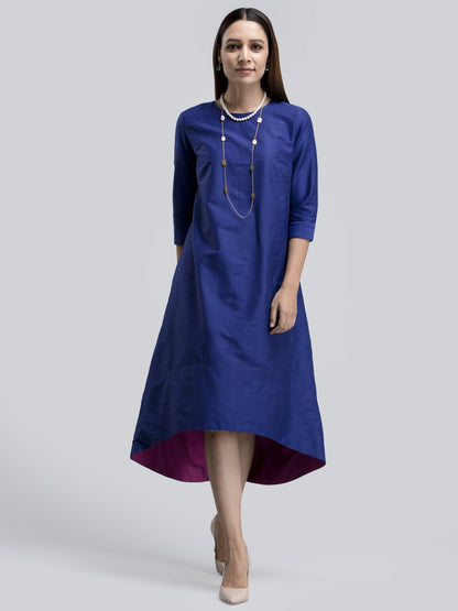 Cotton Silk Colour Block High Low Dress - Blue