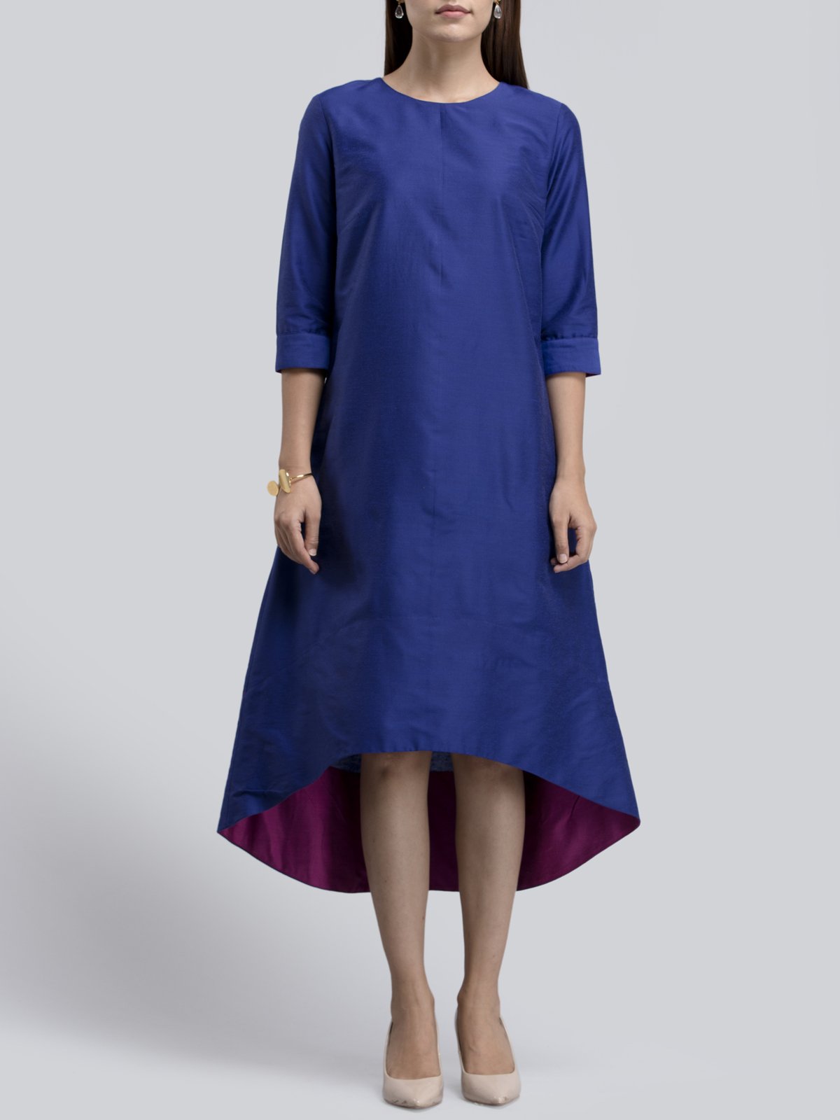 Cotton Silk Colour Block High Low Dress - Blue