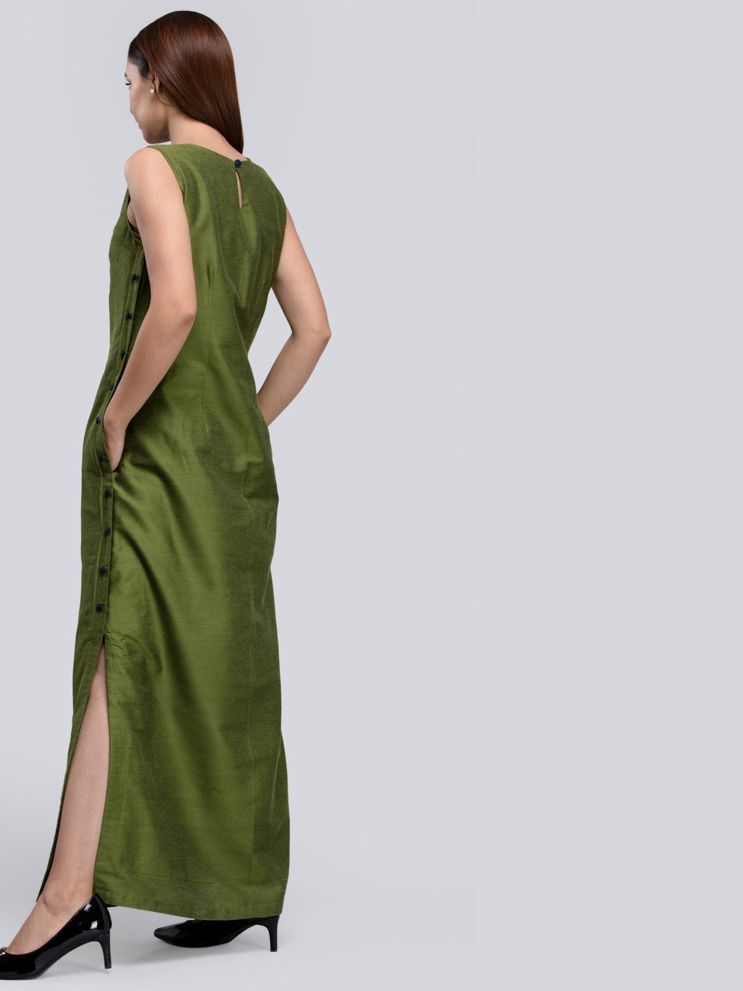 Cotton Silk Colour Block Maxi Dress - Green
