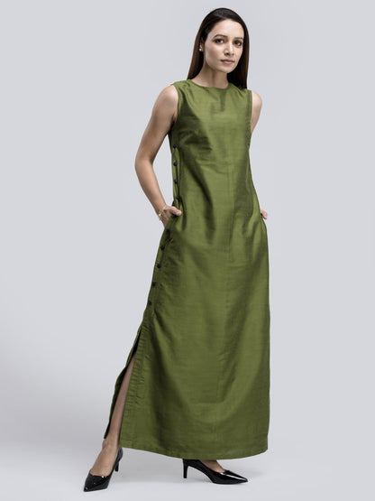 Cotton Silk Colour Block Maxi Dress - Green