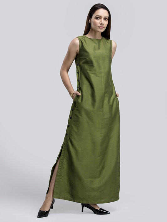 Cotton Silk Colour Block Maxi Dress - Green