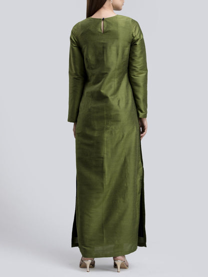 Cotton Silk Colour Block Maxi Dress - Green