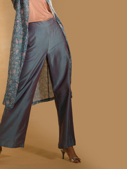 Cotton Silk Flared Pants - Blue