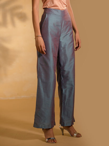 Cotton Silk Flared Pants - Blue