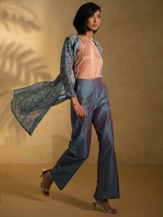 Cotton Silk Flared Pants - Blue