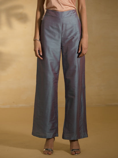 Cotton Silk Flared Pants - Blue